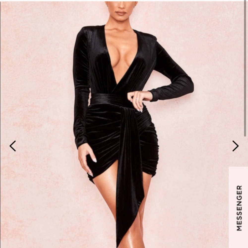 House of CB Farrah Black Velvet Deep V Mini Dress